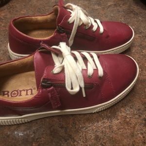 Born  women’s red leather 8.5 sneakers with side zips for no tie entry. EUC